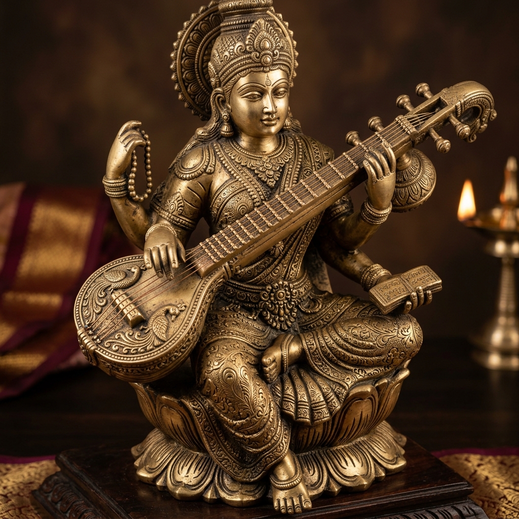 Handcrafted Brass Saraswati Idol - View 2