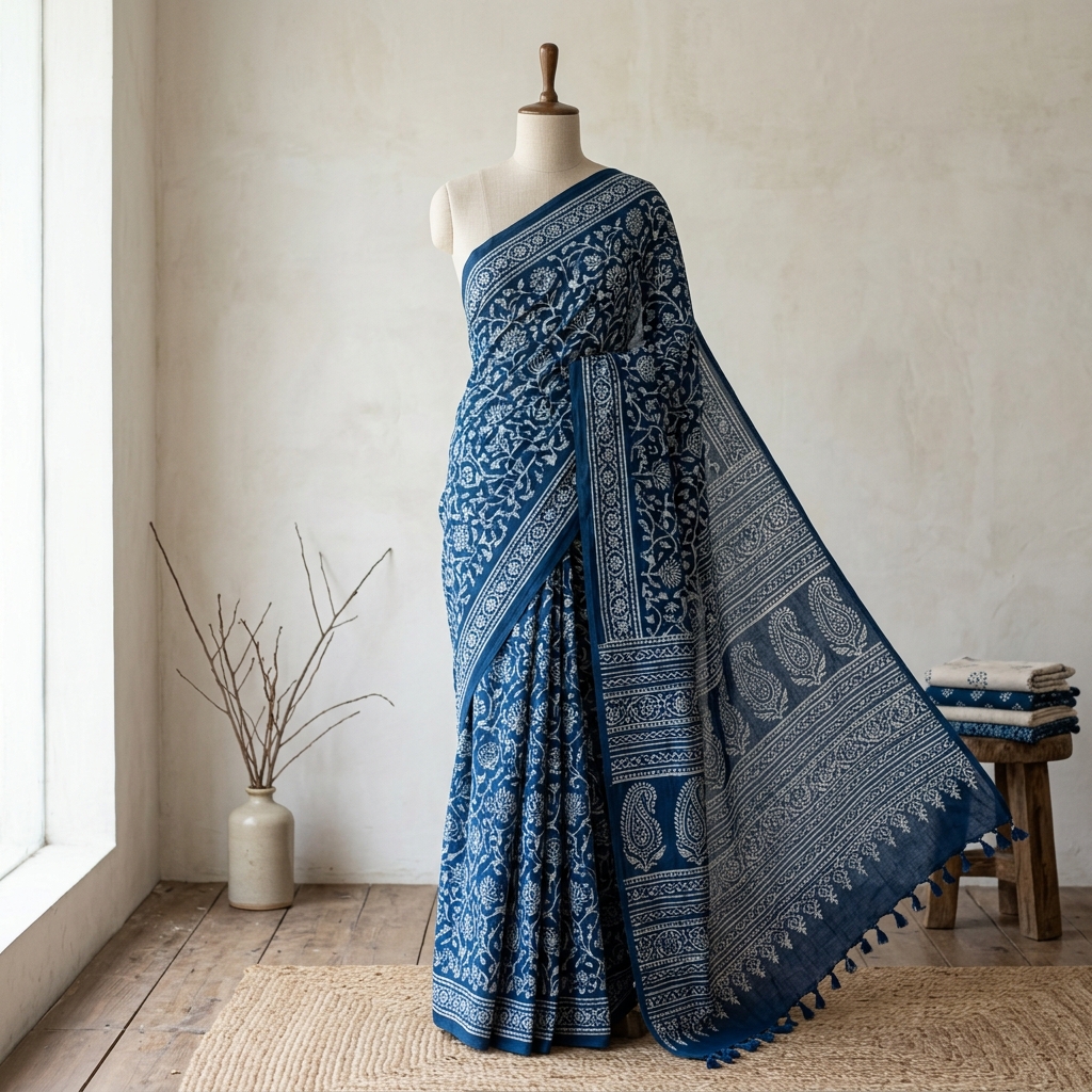 Indigo Handblock Printed Cotton Saree